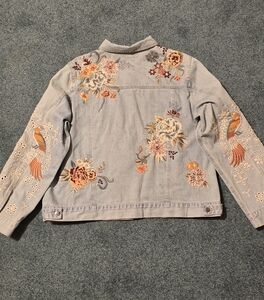 STUNNING RARE OOP XL Johnny Was Embroidered PEACOCK & EYELET Jean Jacket $280!!